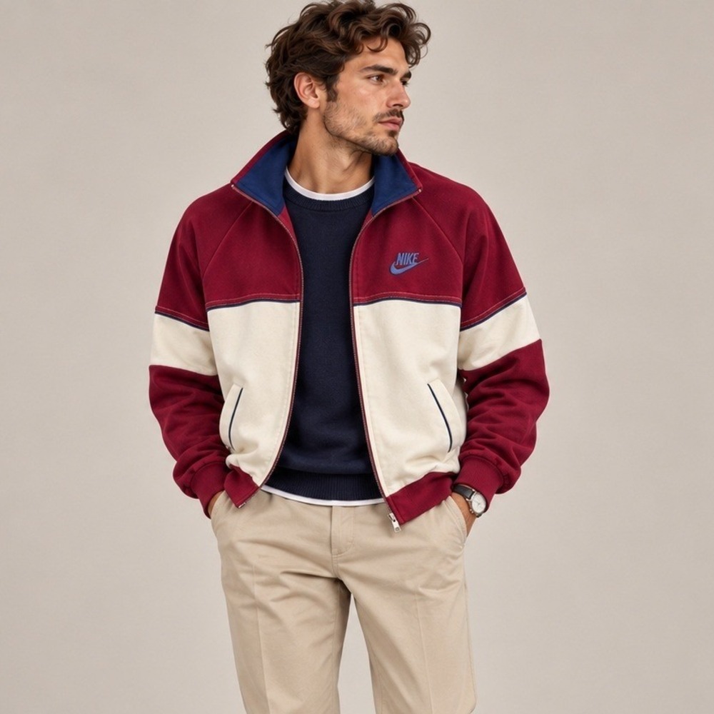 Vintage 80s Nike Full Zip Track Jacket Burgundy Cream Blue Tag Rare Mens M/L